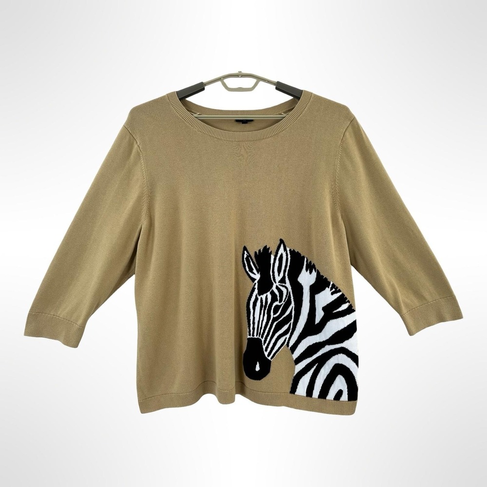 Talbots Sweater Womensâ 3X Beige Zebra Graphic 3/4 Sleeve Knit Pullover Crewneck